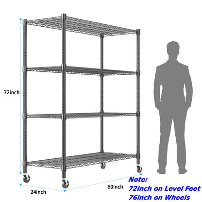 Homdox Heavy Duty Metal Shelves for Storage, 4 Tier Storage Racks and Shelving, Commercial Adjustable Wire Shelving Unit on Wheels, Garage Rack Pantry Shelves Kitchen Shelving, 24"x60"x72", Black