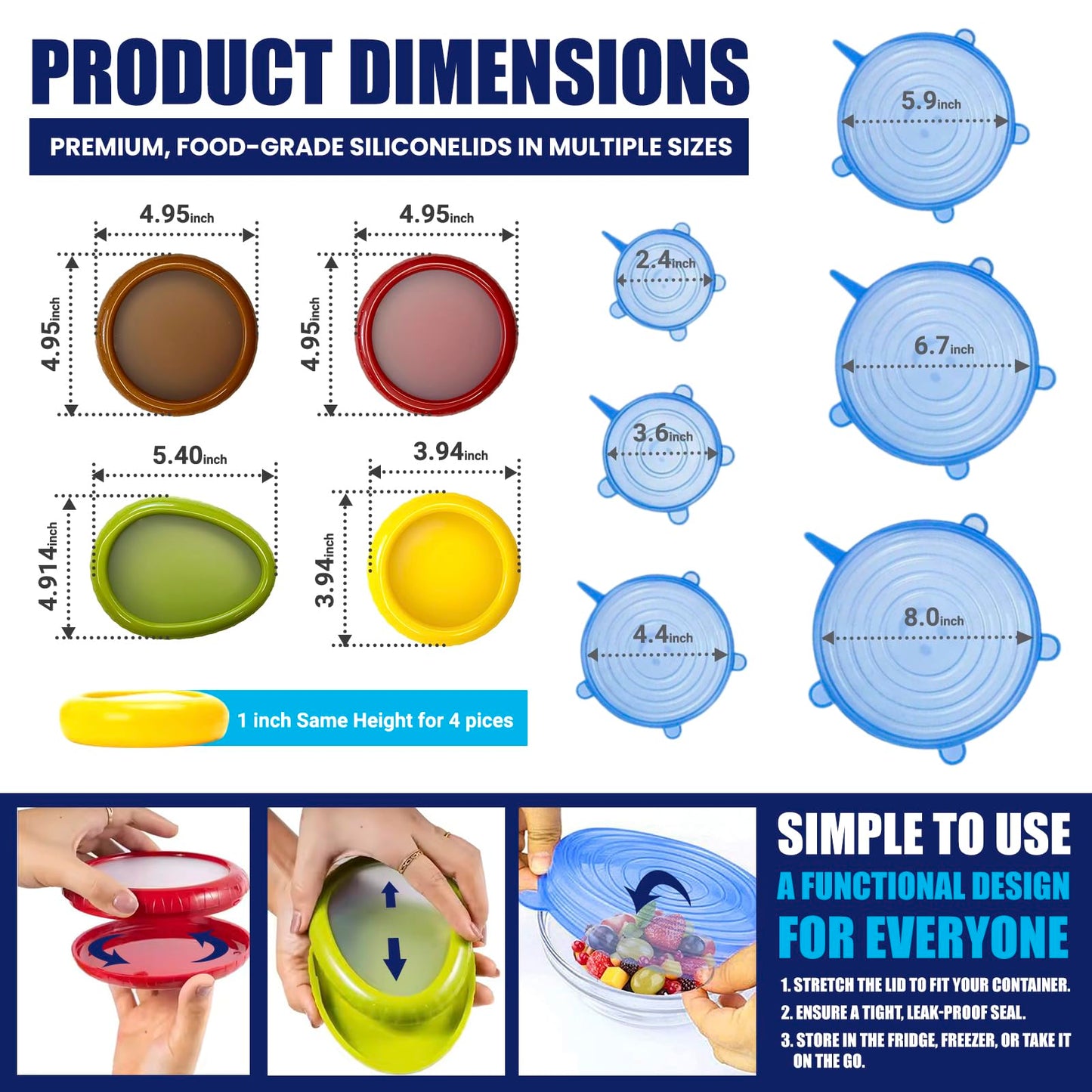 Anti-Oxidation Food Storage Containers with Reusable Silicone Stretch Lids, Airtight Leakproof Produce Keeper Set for Fruits & Vegetables, Keeps Food Fresh Longer, Fridge Organization Containers