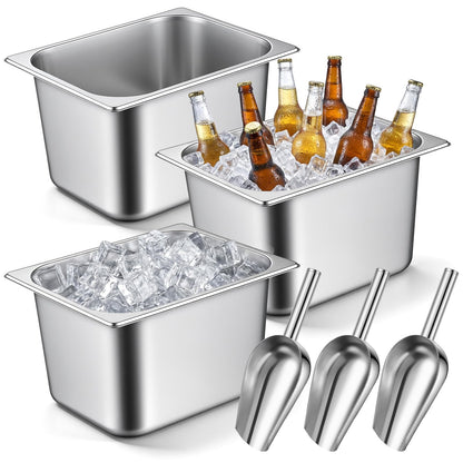 meekoo 3 Packs Ice Bucket for Parties, Stainless Steel Ice Bucket for Freezer with Scoop, 12.8 x 10.4 x 7.8 Inch Drink Champagne Container Bin for Cocktail Bar Wine Icnics Kitchen Storage