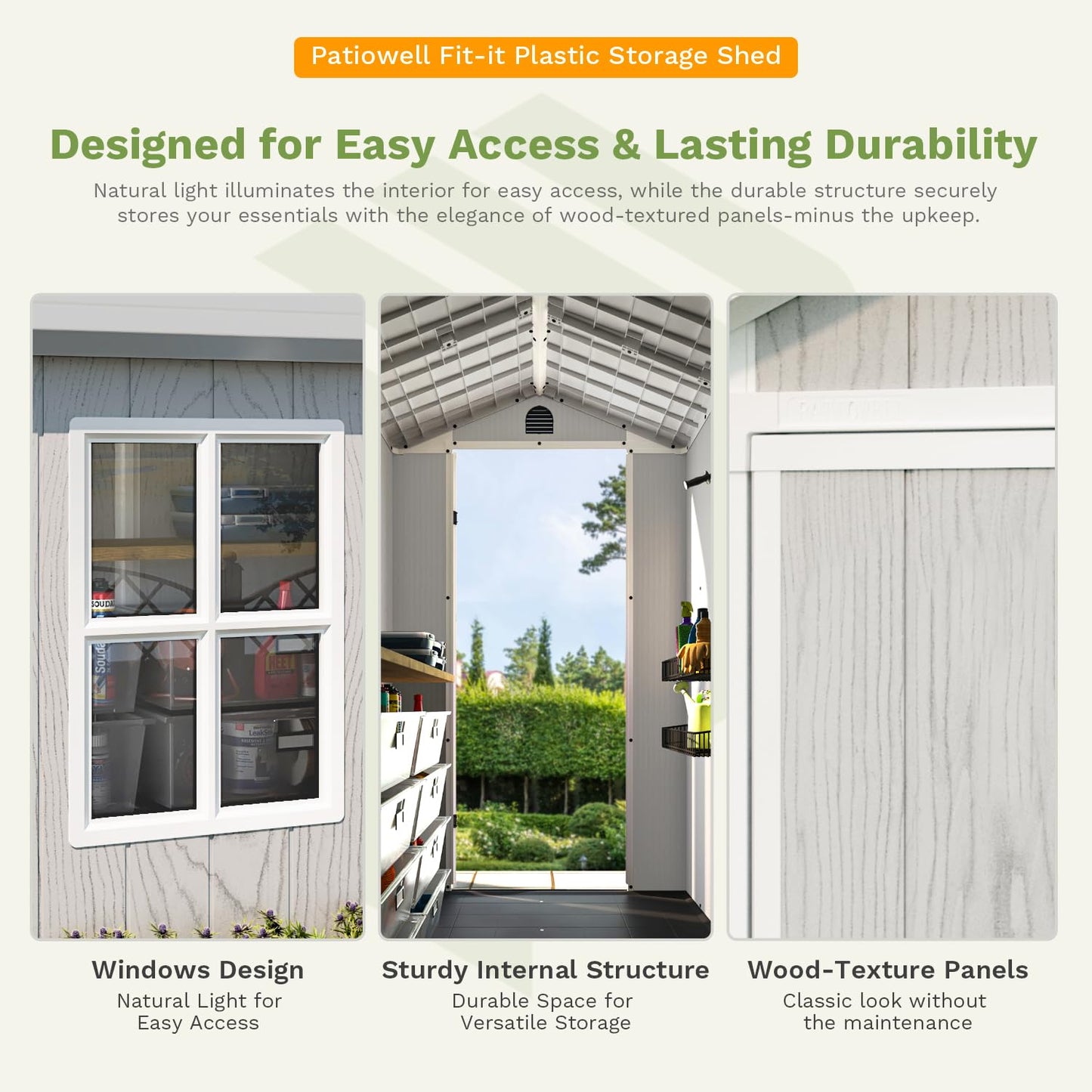 Patiowell 4x8 FT Plastic Outdoor Storage Shed with Floor, Garden Tool Resin Storage Shed with Two Windows and Single Lockable Door for Garden, Backyard, Lawn, Easy to Install, Light