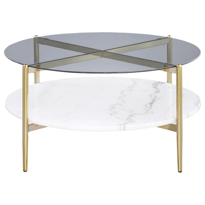 Coaster Home Furnishings - Jonelle - Round Coffee Table with Glass Top, White Marble Shelf and Gold Chrome Frame - Living Room - 33-Inch - Smoke - 710338