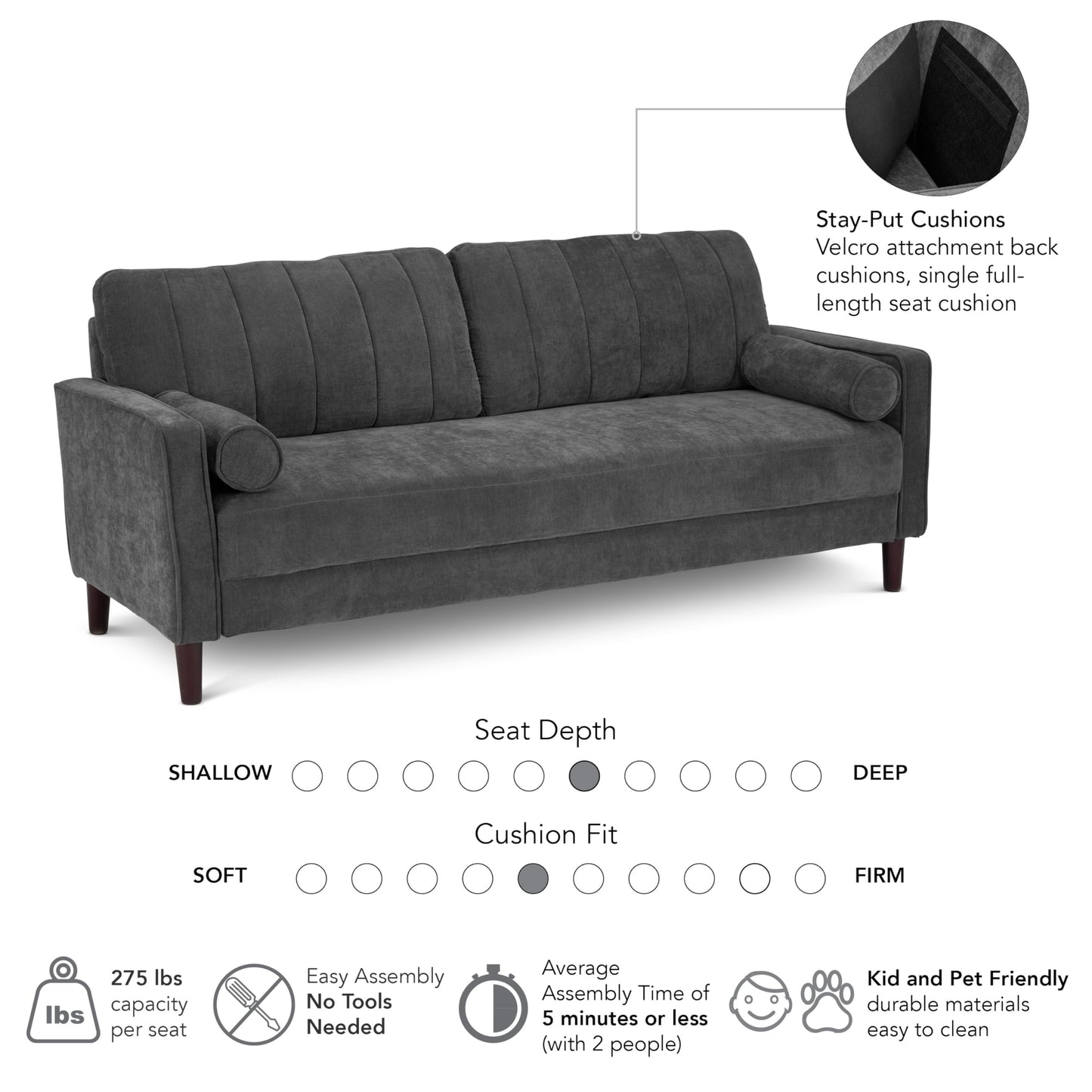 Bush Home 77-inch Sofa, Living Room Furniture, Max Collection, Iron Gray Chenille Fabric