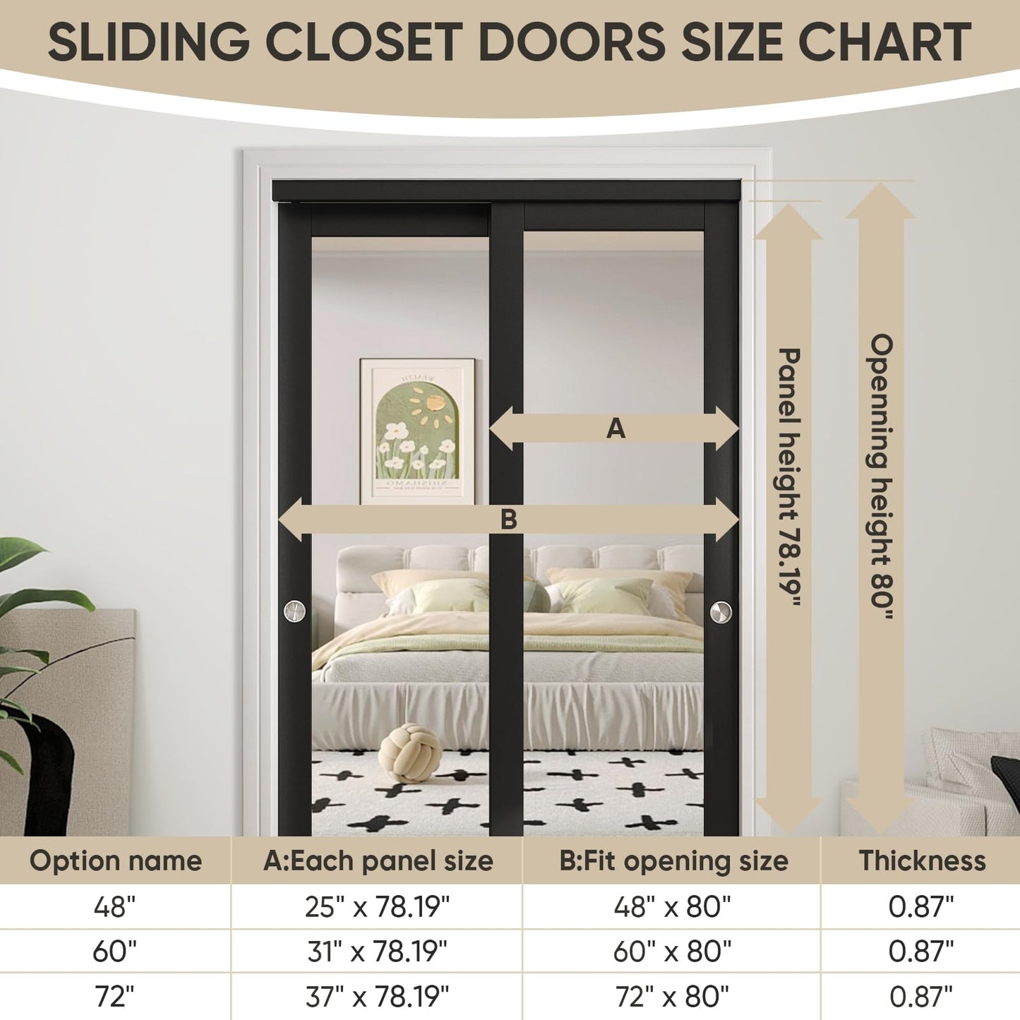 JUBEST 48" x 80" Mirror Closet Door, Preassembled One Side Mirror Door with Hardware Kit & Matching Fascia, Solid Wood Frame with Water-Proof PVC Surface, Easy to Install, Black