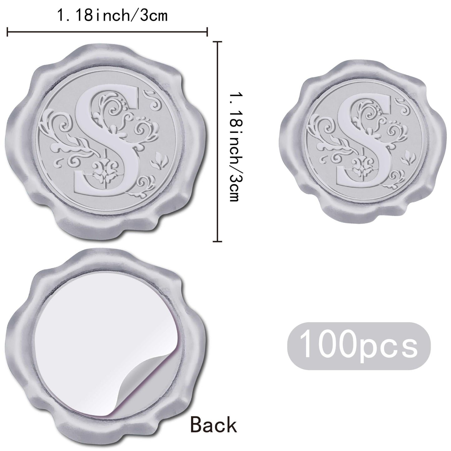 CRASPIRE 100pcs Initial S Wax Seal Stickers Silver Letter Alphabet Self Adhesive Seal Stickers Sealing Label Decal for Gift Wrapping Wedding Birthday Cards Making Christmas Invitations Envelope
