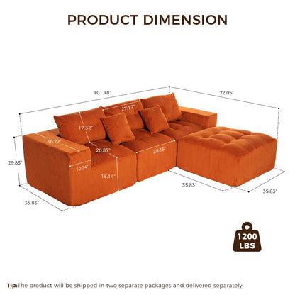 KEIKI 101" L-Shaped Modular Sofa, 3-Seater Compression Cloud Couch with Movable Ottoman, Corduroy Fabric Deep Seat Sectional, No Assembly Convertible Sofa for Apartment Small Living Room