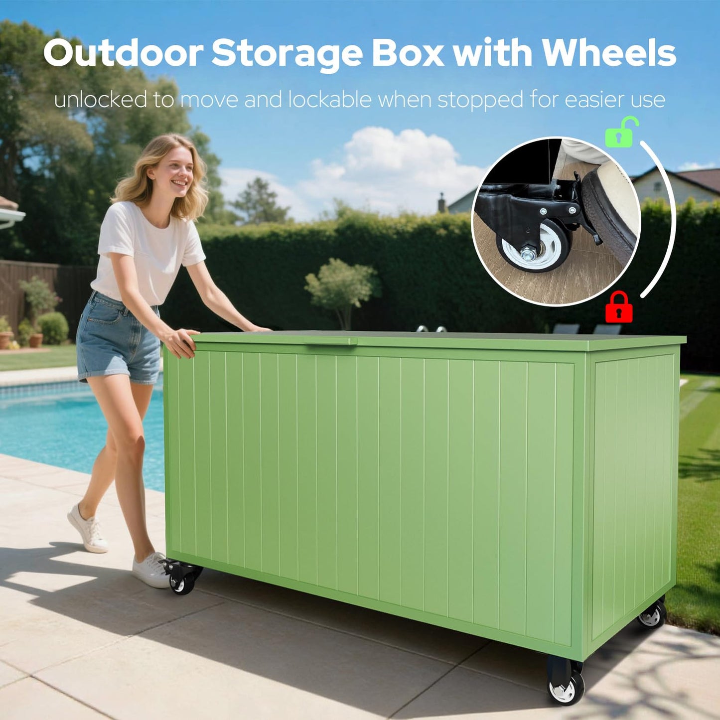 RICNOD Outdoor Storage Box with Wheels 150 Gallon, Mobile Aluminum Deck Boxes Outdoor Waterproof, UV Resistant Patio Storage Box with Lid for Patio Furniture, Garden Tools, Outdoor Cushion(Green)