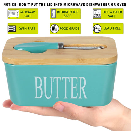 Lovelyduo Large Butter Dish with Lid for Countertop Ceramic Butter Container with Knife Holder Spreader Double Silicone Seals Butte Keeper Rectangle Blue