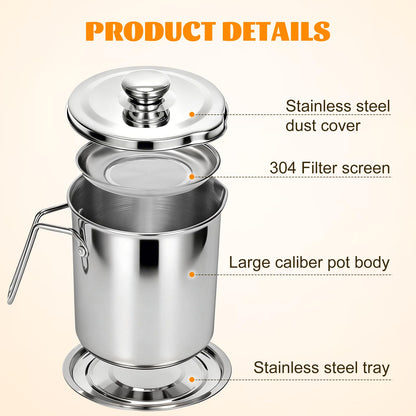 Opifex Bacon Grease Container with Fine Mesh Strainer,2.0L/68oz Stainless Steel Bacon Grease Keeper with Lid and Tray,Large Cooking Oil Storage Can for Frying Oil, Lard, Dishwasher Safe