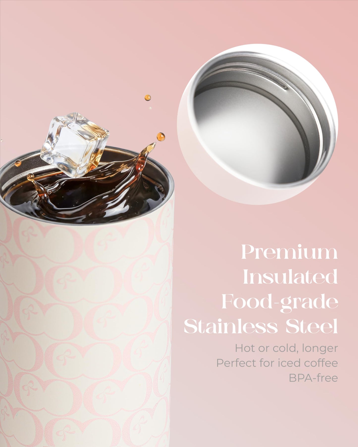 Coquella 15 oz Stainless Steel Coffee Tumbler with Twist-Open Lid, Insulated Travel Mug for Iced Coffee Cold Brew and Warm Beverages, Leakproof, BPA-Free, Cup Holder Friendly, Bow Charm, Blush Pink