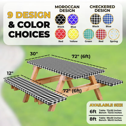 RNOONY Vinyl Fitted Picnic Table Cover with Bench Covers and Bag, 6ft Outdoor Waterproof Windproof Tablecloth with Elastic Edges. Camping RV Gear Campers Must Have 72x30 Inches 4 Pcs Set (Black)
