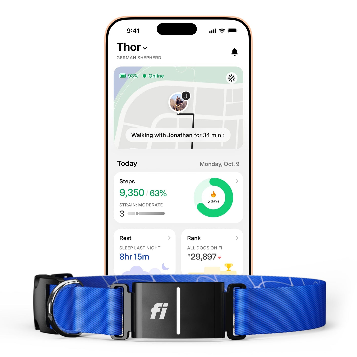 Fi New Series 3+ Smart Dog Tracker Collar – AI GPS for Dogs, Health & Behavior Monitor, Virtual Fence, Escape Alerts, Waterproof, Apple Watch Compatible 12Mo Membership Included