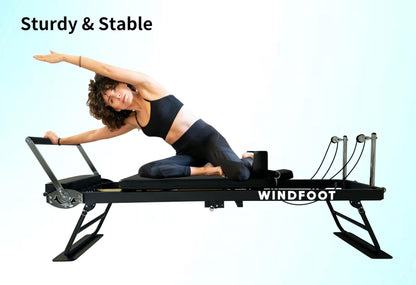 WINDFOOT Pilates Reformer Machine Equipment with 4X22LB Springs & 5X11LB Cords for Home Workout, Foldable Pilates Equipment with Jump Board for All Level Users (Black)