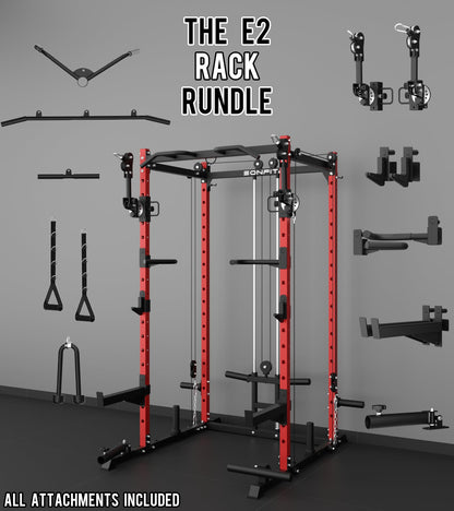 Eonfit E2 Power Cage with 3D Rotation Arms - Multi-Functional Power Rack for Home Gym. 1500lb Squat Rack for Home Gym. Pulley System for Cable Crossover & LAT Pulldown (RED, PRO)