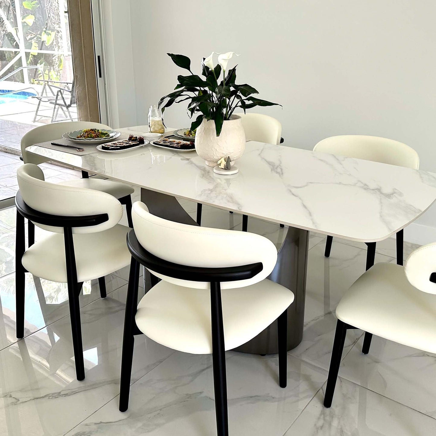 POVISON Modern Dining Chairs Set of 2, Armless Black PU Dining Chair with PU Cushions and Dark Walnut-Coloured Ash Wood, for Living Room, Dining Room