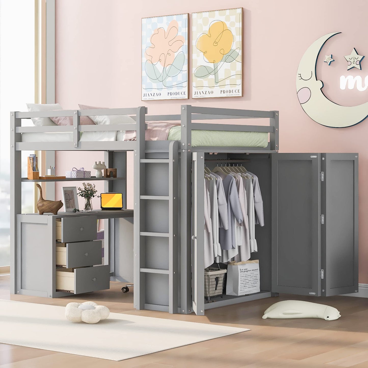Merax Loft Bed Full Size Adult, Wooden Frame with Desk and Wardrobe, Storage Design with Drawers & Shelf, for Teen Girls & Boys(Grey)