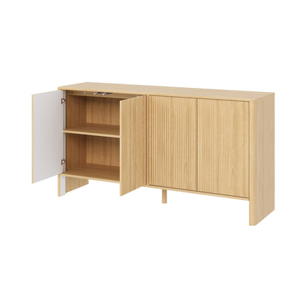 GAOMON 58inch Sideboard Buffets Cabinet, Large Wood Fluted Coffee Bar Cabinet Console Table with 4 Fluted Doors and Storage Adjustable Shelf for Living Room Kitchen Entryway, Natural Oak