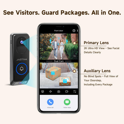 2K Dual Lens Video Doorbell Camera Wireless with Chime, Package Protection, 64GB SD Card, Voice Changer, 2-Way Audio, Night Vision, Compatible with Alexa