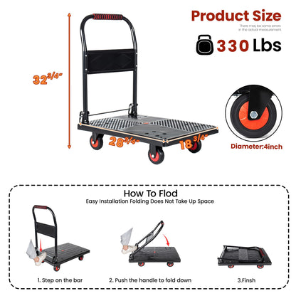 Foldable Trolley Cart with 5-Inch Silent Wheels, Heavy-Duty Wheeled Platform Cart for Transporting, 660LBS Capacity, 4 Steel Beams, Foldable Hand Truck for Warehouse Garage Home Use,A1