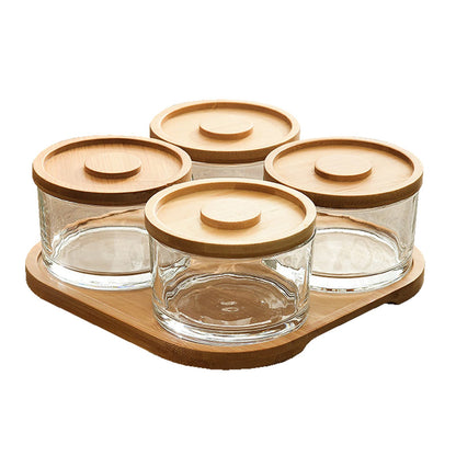 KVMORZE Chip and Dip Serving Set with Bamboo Tray, Snack Candy Fruit Nut Serving Platter, Small Glass Dipping Serving Bowls with Lids for Condiments, Side Dishes, Pre, Dessert, Salsa (4 Slots)