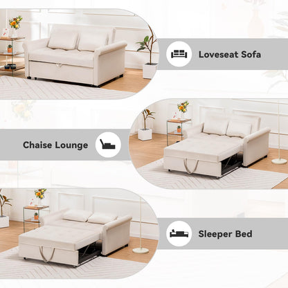 COMHOMA Convertible Sofa Bed,55" Sleeper Sofa Bed,3-in-1 Pull Out Couch Bed with Reclining Backrest and Pillows,Convertible Sleeper Loveseat for Living Room(White)