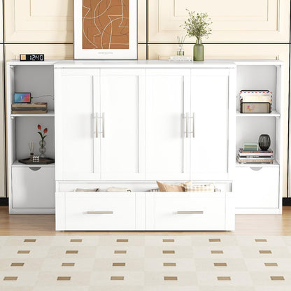 Merax Murphy Bed Queen Size Cabinet with Storage 2 Drawers 6-Layer Shelves and USB Ports, Wood Versatile Platform Bed Frame