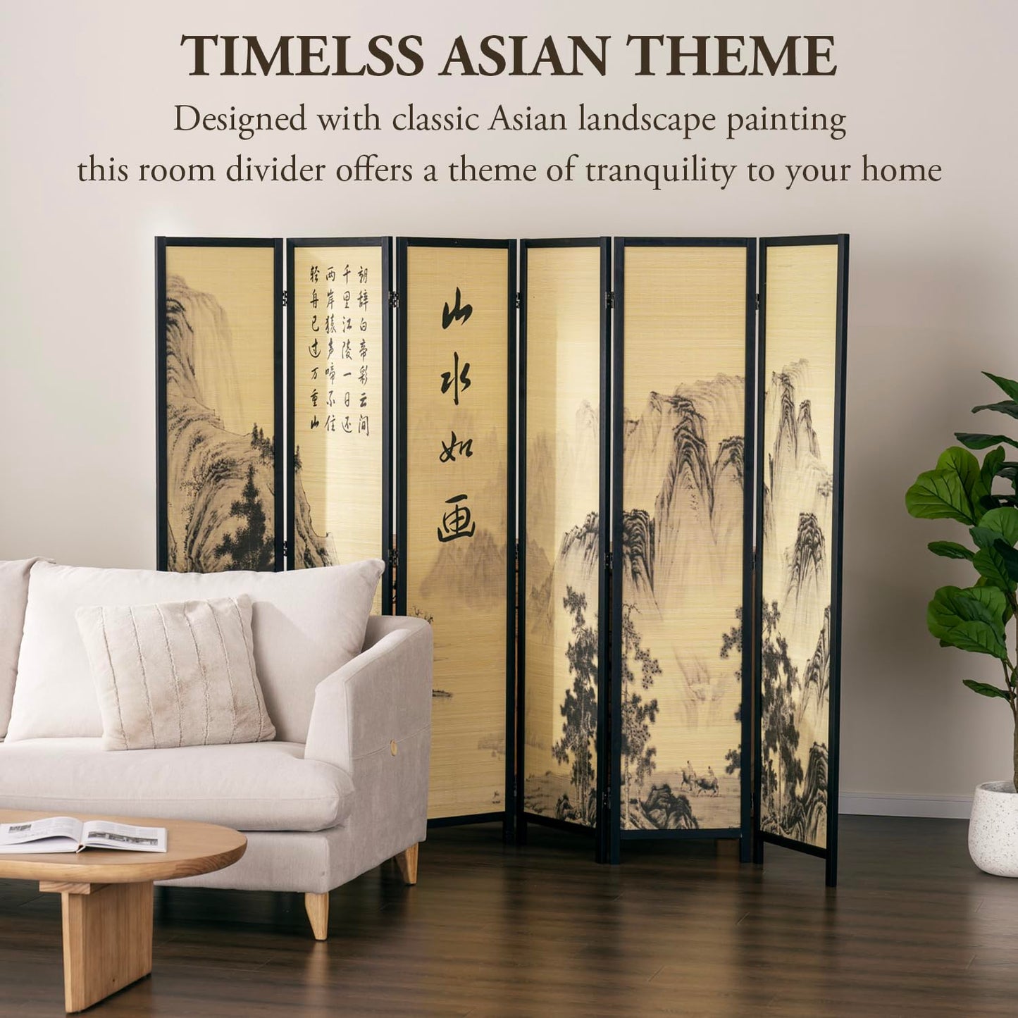MyGift Decorative 6 Panel Folding Room Divider Bamboo Screen with Chinese Calligraphy Design, 6FT Freestanding Floral Artwork Room Partitioner with Black Wood Frame 94.5''W x 69''H