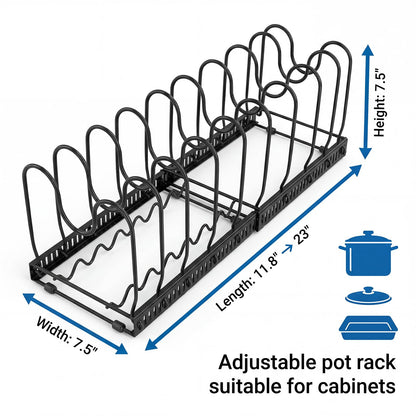 Expandable Pot Rack Organizer for Cabinet, Wave Slot Carbon Steel Pot & Pan Holder with 10 Adjustable Slots, Heavy Duty Cookware Storage for Pans, Lids, Bakeware, Countertop or Under Sink, Black