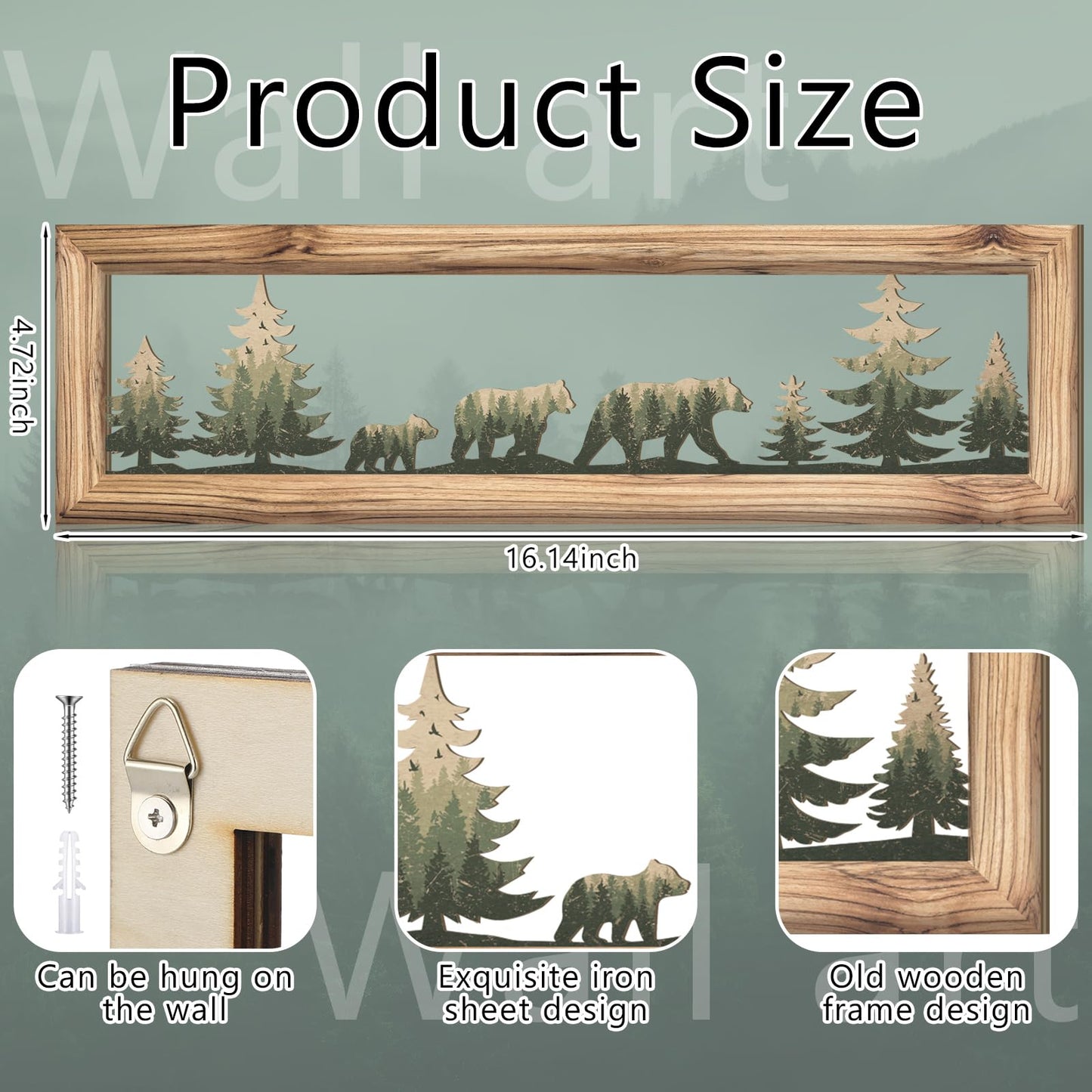 Wesiti Woodland Bear Wall Art 16 Inch Wood Frame Metal Rustic Forest Animal Wall Decor Farmhouse Lodge Cabin Picture Art Decor for Home Bedroom Living Room