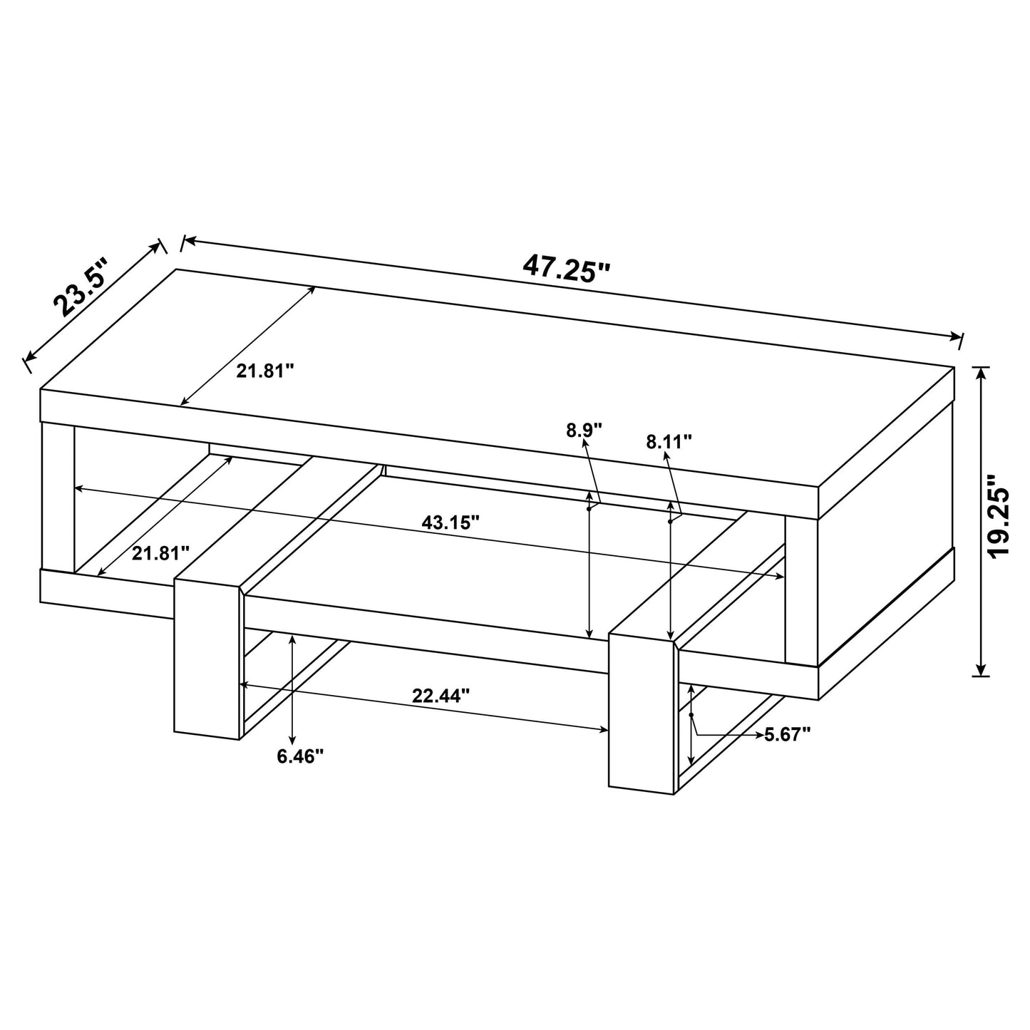Coaster Home Furnishings - Dinard - Wood - Coffee Table with Metal Bases, Open Shelf, and Rectangular Surface - Living Room - 47-Inch - Grey Driftwood - 720878