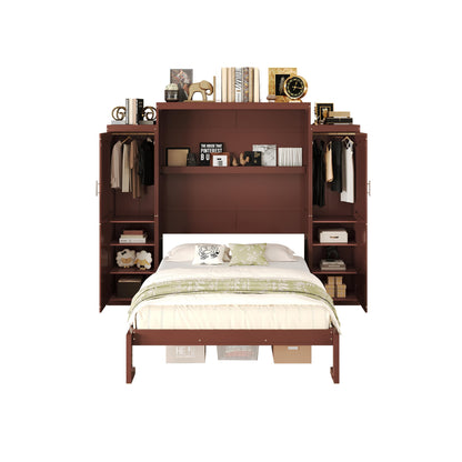 Ball & Cast Murphy Bed Queen Size,Wood Foldable Wall Bed with 2 Sides Wardrobe and Storage Shelf, Hidden Cabinet Bed Frame for Bedroom,Guest Room,Space Saving,No Box Spring Needed,Walnut