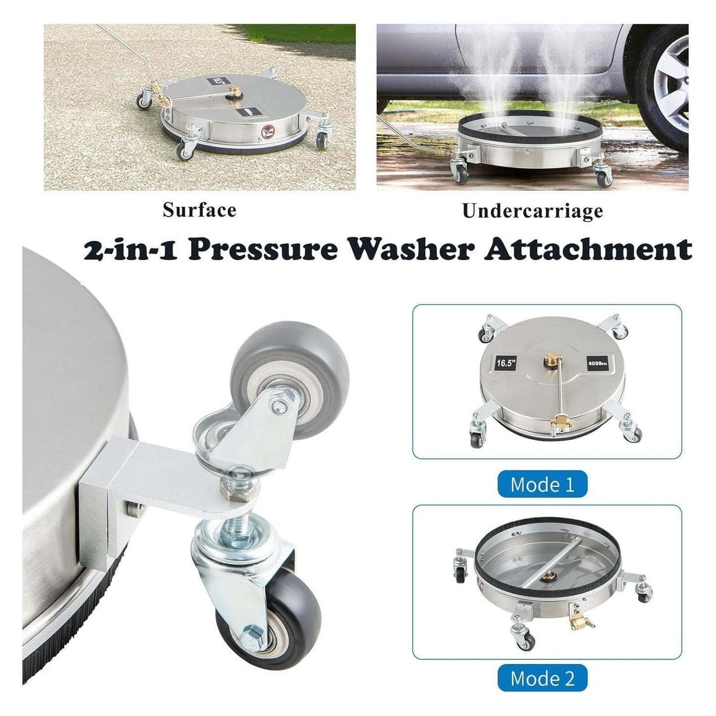 TRELVEX 16.5in Pressure Washer Surface Cleaner, 2 in 1 Stainless Steel Power Washer Attachment with 4 Wheels, 2 ExWands, 1/4" Quick Connector, Undercarriage Cleaner for Sidewalks, 4000 PSI