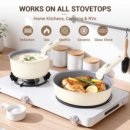 Ammeloo 18-Piece Ceramic Pots and Pans Set Non Stick, Non Toxic Cookware Set with Removable Handles, Pot Sets for Cooking, Induction Ready, Dishwasher & Oven Safe, PFAS PFOA & PTFE Free (Cream White)