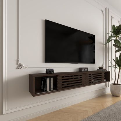 Furniloft 78" Floating TV Stand with Slatted Sliding Doors, Mid-Century Modern Wall Mounted Entertainment Center, Walnut Media Floating tv Console for 85 TV, Space-Saving Cable Management