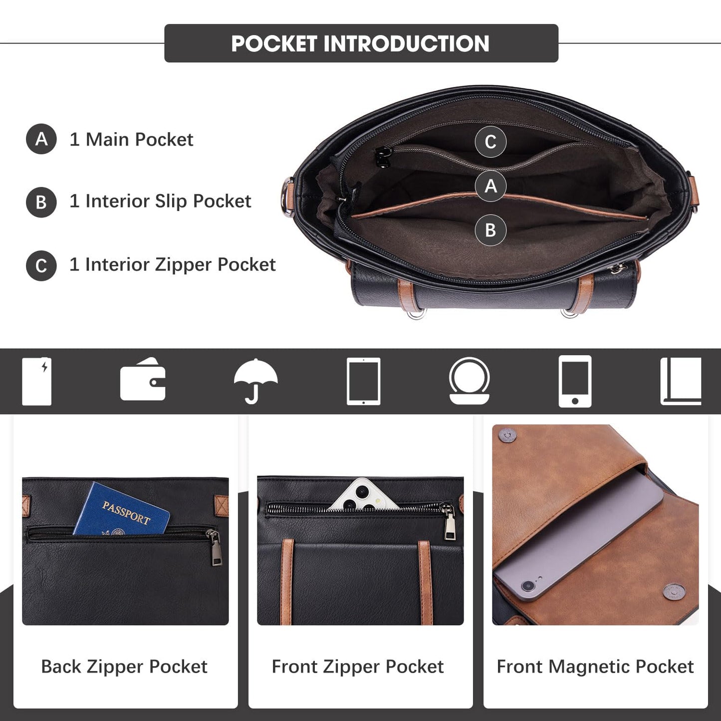 Roulens Crossbody Bags for Women,Multi Pocket Crossbody Purses Vegan Leather Shoulder Handbags Travel Purse Adjustable Strap
