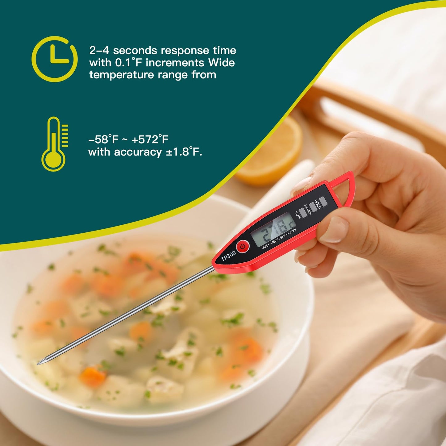 6 Pcs Instant Read Meat Thermometer with Long Probe 9.65 Inch Kitchen Cooking Food Candy Waterproof Digital Thermometer for BBQ Water Milk Yogurt Liquid (Round&Square Ring,Black,White,Red)