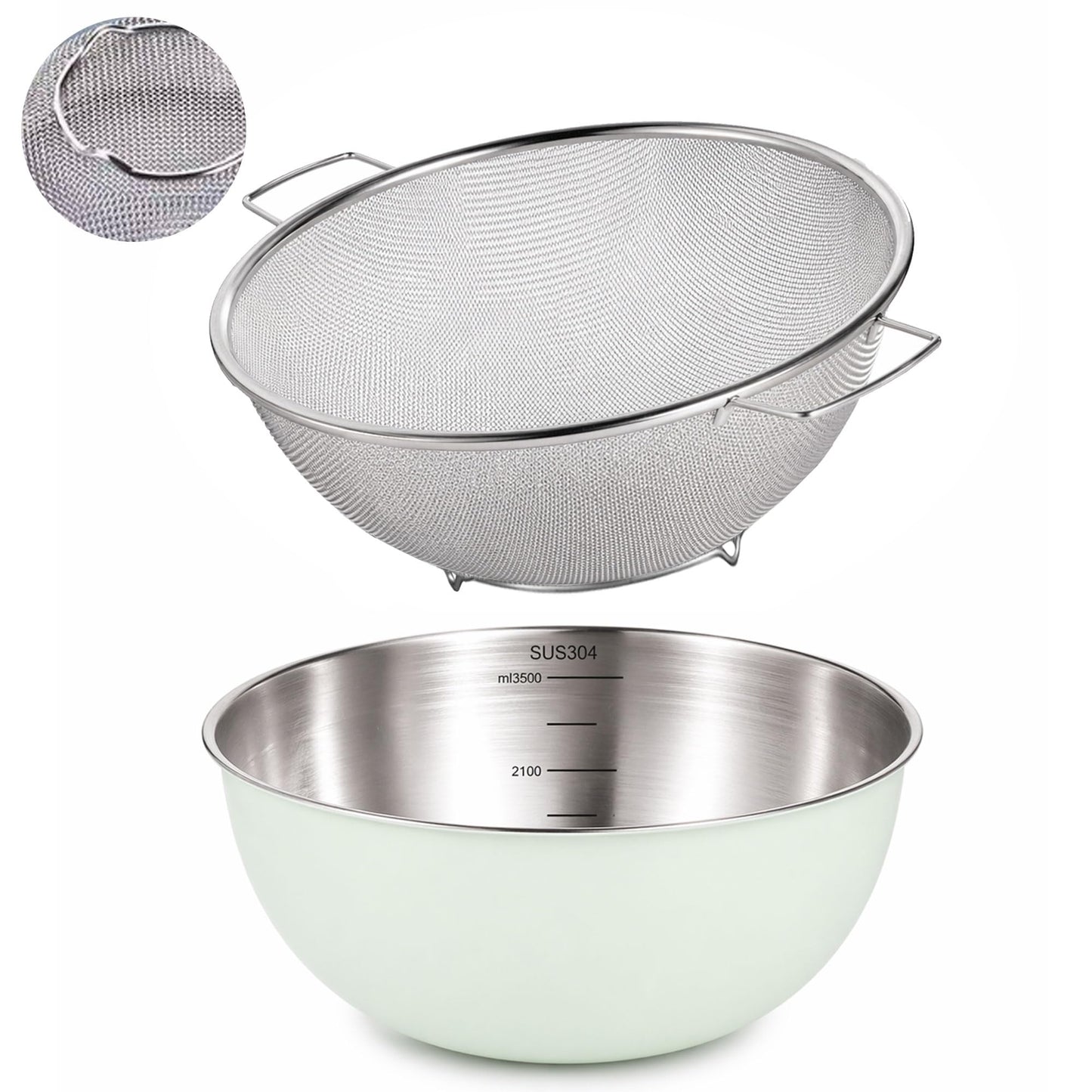 304 Stainless Steel Kitchen Colander Set, 3.5QT Colander with Handle and Bowl, 40 Mesh Fine Strainer, Fast Draining for Rice, Pasta, Fruits & Vegetables, Dishwasher Safe