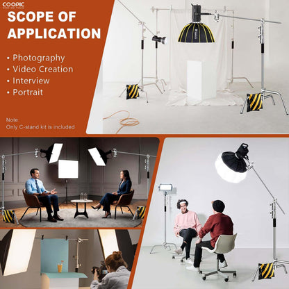 280cm Pro C-Stand Light Stand – Stainless Steel with 103cm Boom Arm, Adjustable Base, 2 Grip Heads, Carrying Bag, Sandbag & Clips for Photography & Video Lighting