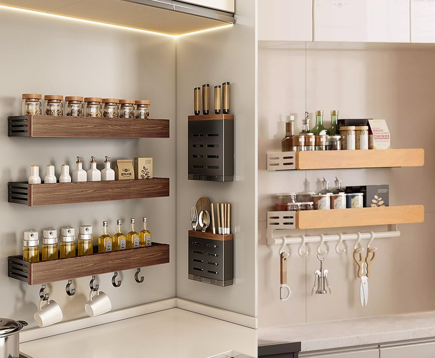Oerlisoo spice rack wood kitchen spice rack wall mounted adjustable adhesive or screw, hung on the door and wall, black large rack for storing items in refrigerators and ovens