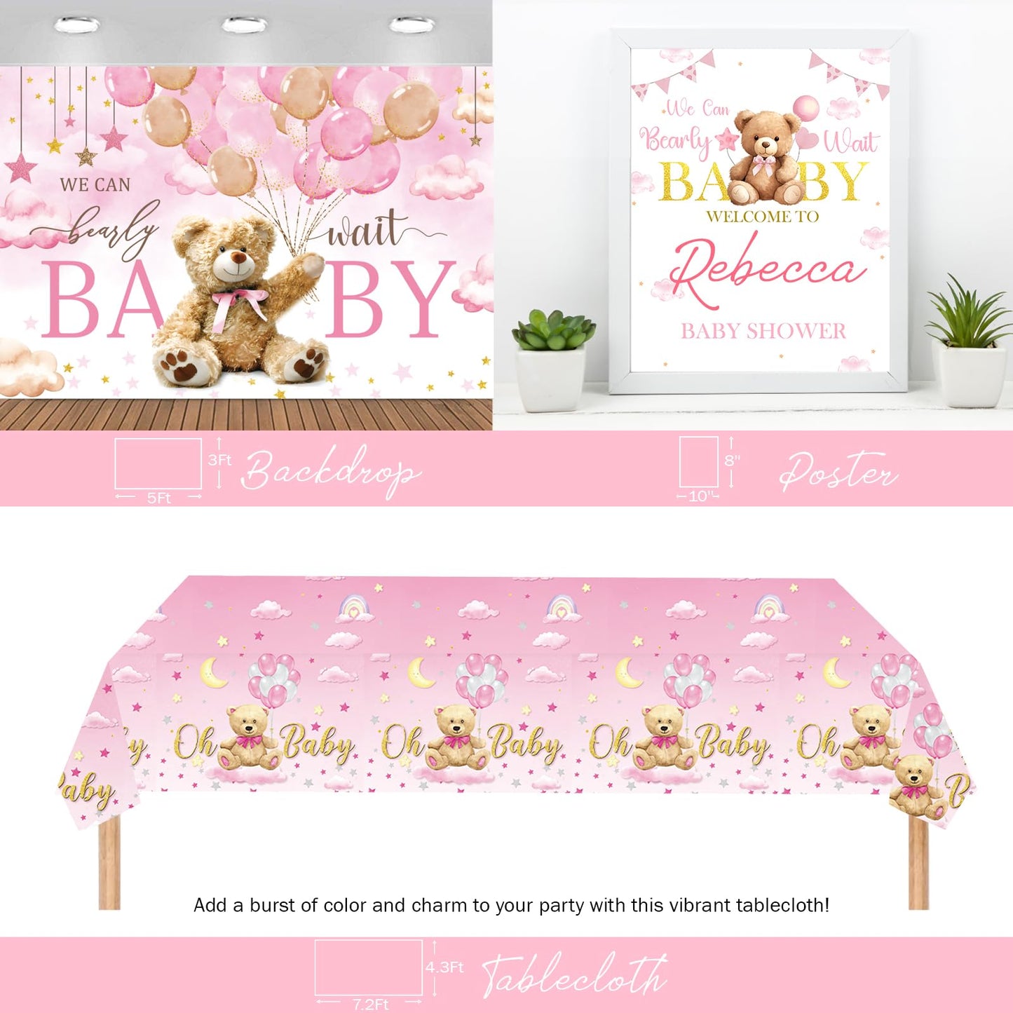 Hombae We can Bearly wait Baby Shower Decoration – 116 PCs Baby Girls Teddy Bear Party Supplies with Teddy Bear Printed Backdrop, Balloon Garland, Tablecloth, Balloon Boxes, Sash, Badges