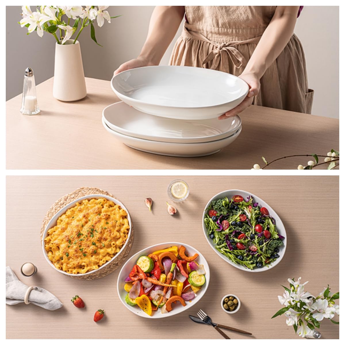 Gacoree 12 Inch Oval Serving Platters Set of 3, White Ceramic Serving Platters for Serving Food, Deep Porcelain Oval Platter for Appetizers, Salad, Pasta, Vegetables, Microwave Dishwasher Oven Safe