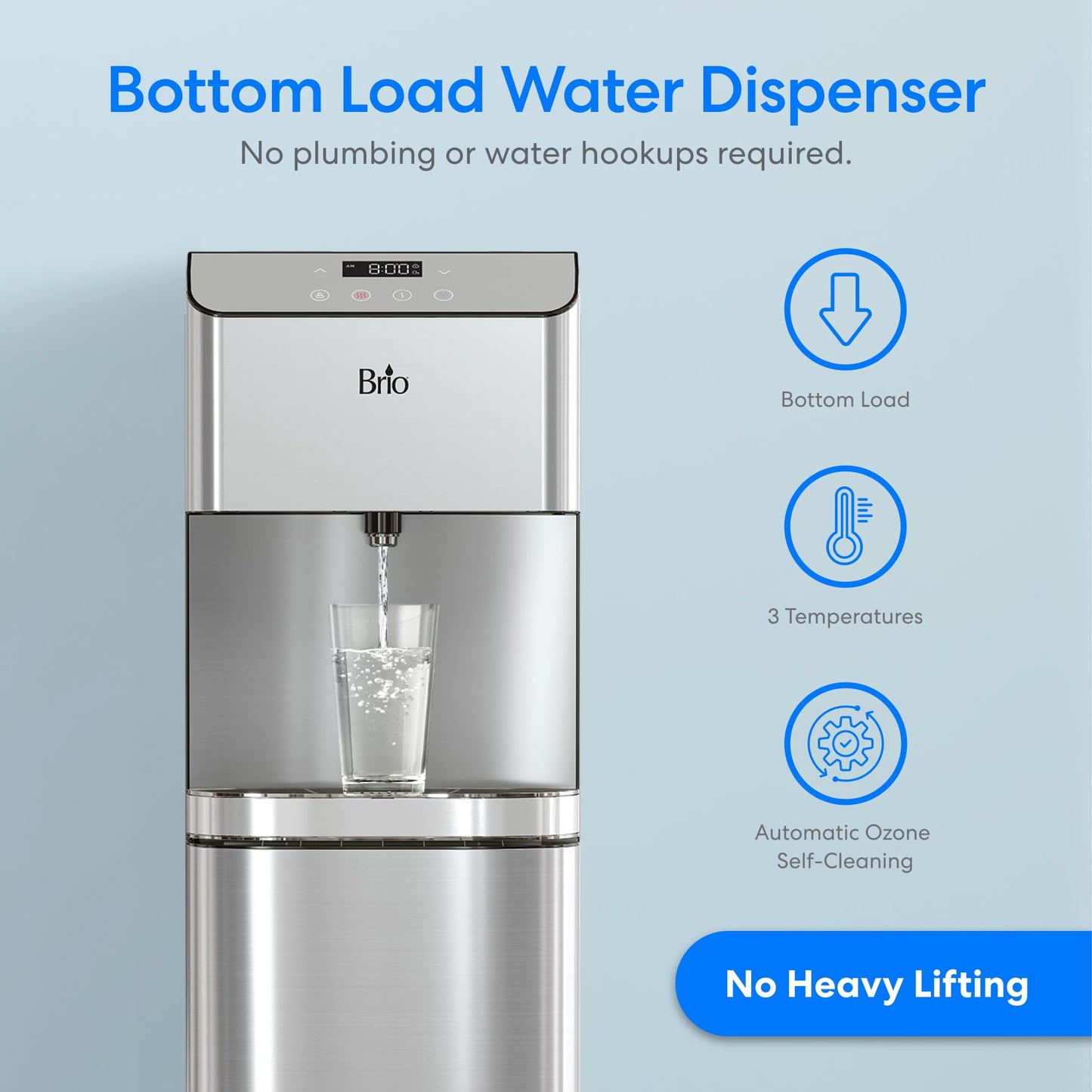 Brio Moderna Bottom Load Water Cooler Dispenser - Tri-Temp, Adjustable Temperature, Self-Cleaning, Touch Dispense, Child Safety Lock, Holds 3 or 5 Gallon Bottles, Digital Display and LED Light