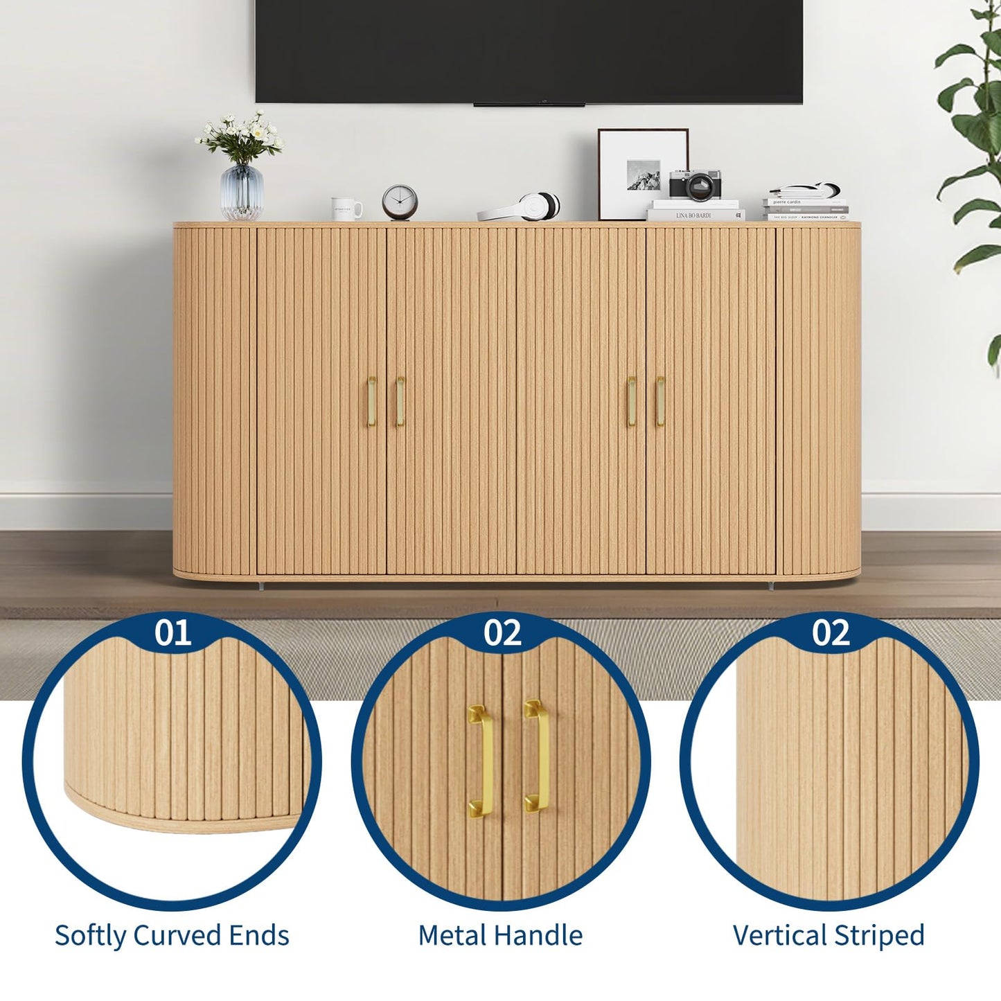 GarveeHome 63" Sideboard Buffet Cabinet with Storage, Modern Fluted Accent Credenza with Adjustable Shelves, Wood Coffee Bar with Curvy Edge, Console Table for Living Room Kitchen Dining Room Hallway