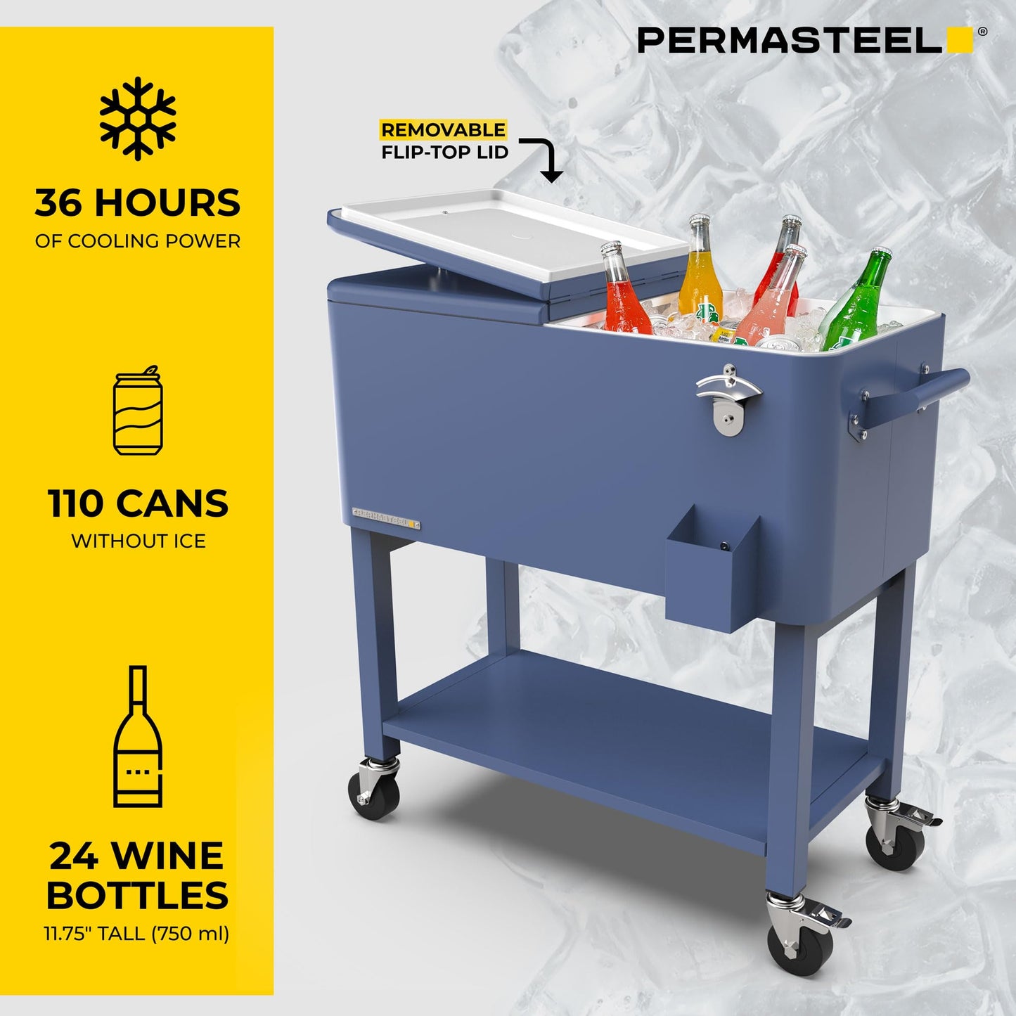 Permasteel Party Cooler with Divider, Removable Basin, Spacious 80-Qt Capacity, Chills 36hrs, Serving Tray, Rolling Ice Chest for Indoor & Outdoor, Matte Blue