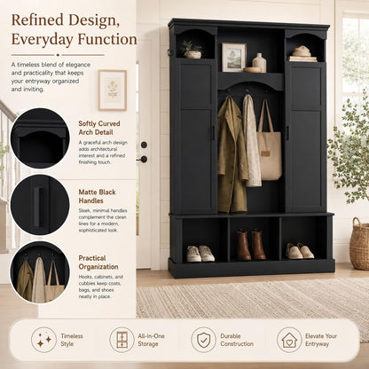FILWY ON-Trend Modern All-in-One Hall Tree with Adjustable Shelves, Classic Arched Farmhouse Storage Bench with Dual Side Cabinets, Elegant Entryway Organizer with 7 Hooks for Mudroom, Hallway
