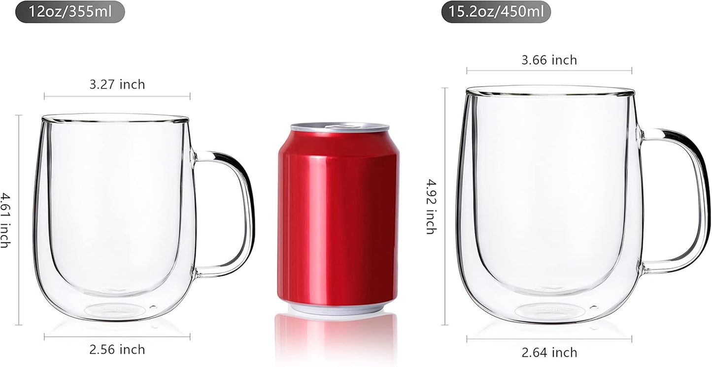 15.2oz,Clear Beverages,set 4 CNGLASS Large Double Wall Glass Coffee Mug Insulated Glass Espresso Cup with Big