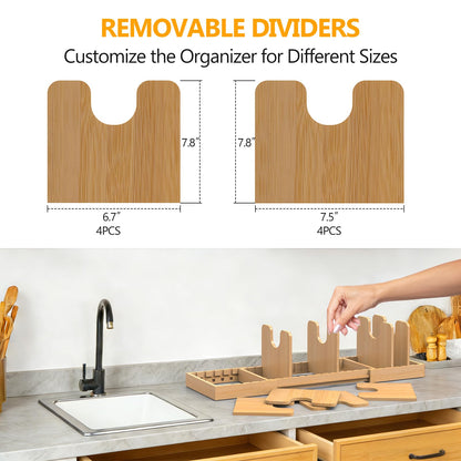 FoverOne Expandable Pot Lid Organizer, Bamboo Pot and Pan Organizer for Under Cabinet, 16" to 28" Adjustable Length and 8pcs Dividers