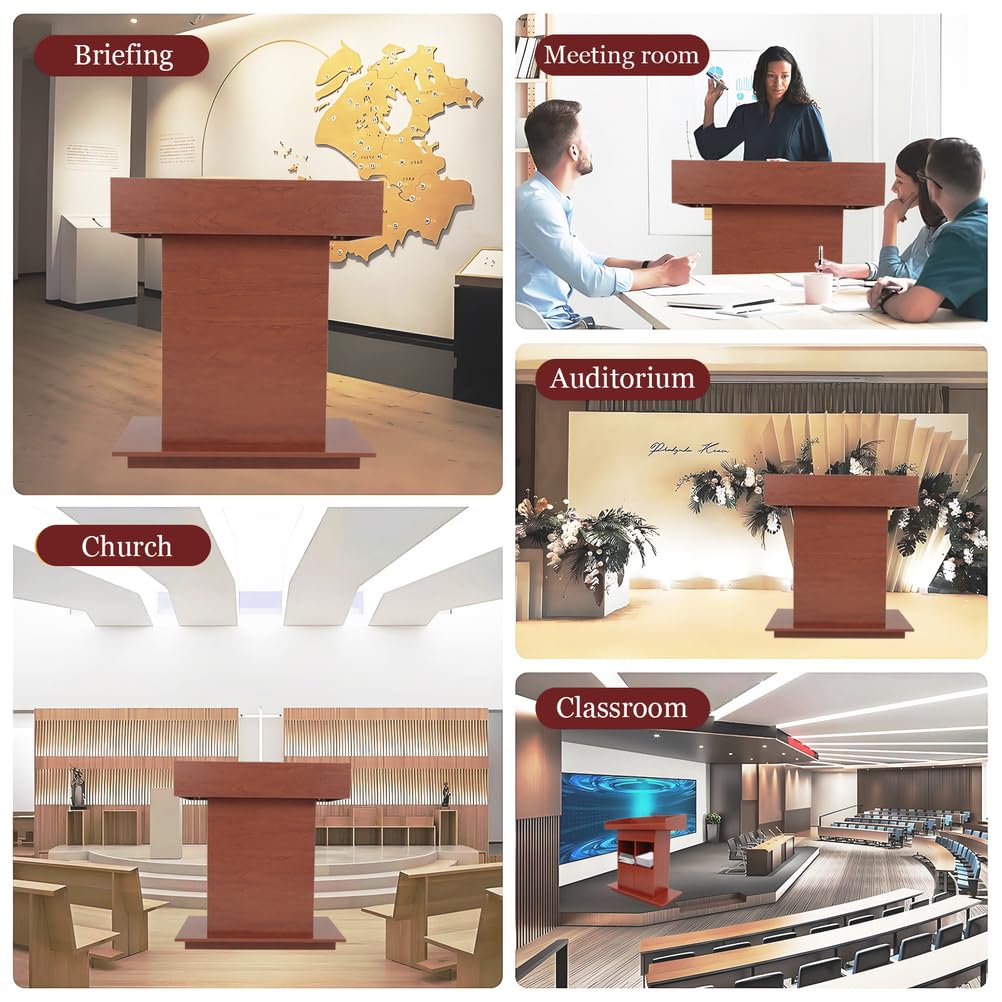 lecterns, Standing Wooden Podium, Podium Stand with Storage Platform, Church Podium and Pulpit, Walnut,L39×W20×H44in