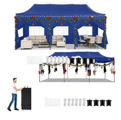 COBIZI 10x30 Pop up Canopy Heavy Duty with 8 Sidewalls,Easy Set-up Commercial Outdoor Party, Foldable UPF 50+ Waterproof Commercial Easy up Canopy with Wheeled Bag, Dark Blue