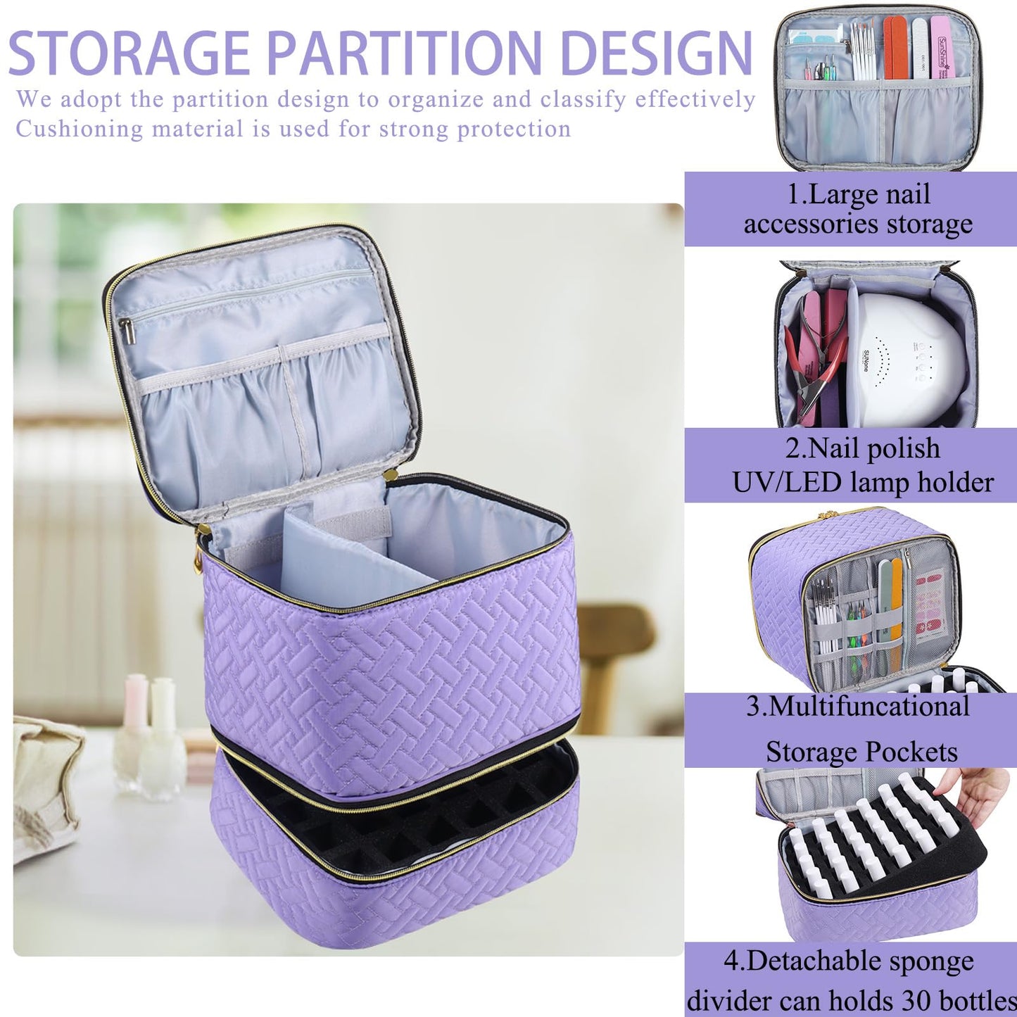 RZMAYIS Nail Polish Organizer, Nail Polish Storage Holds 30 Bottles & Nail Lamp, Double Layer Nail Bag Organizer Case, Portable Nail Polish Holder for Nail Tech Travel & Manicure Kit