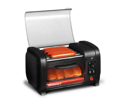 Elite Gourmet EHD-051BX Hot Dog Toaster Oven, 30-Min Timer, Stainless Steel Heat Rollers Bake & Crumb Tray, World Series Baseball, 4 Bun Capacity, Black